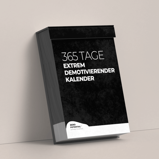 Ein dickes Buch mit dem Titel 2025 Demotivierender Kalender 365 Tage | Abreißkalender für jeden Tag mit schwarz-weißem Einband lehnt an einer Wand und bietet Tägliche Demotivation. Der Branding-Schriftzug ZERO POTENTIAL steht unten und gibt den Ton für diesen Abreißkalender 2025 an.